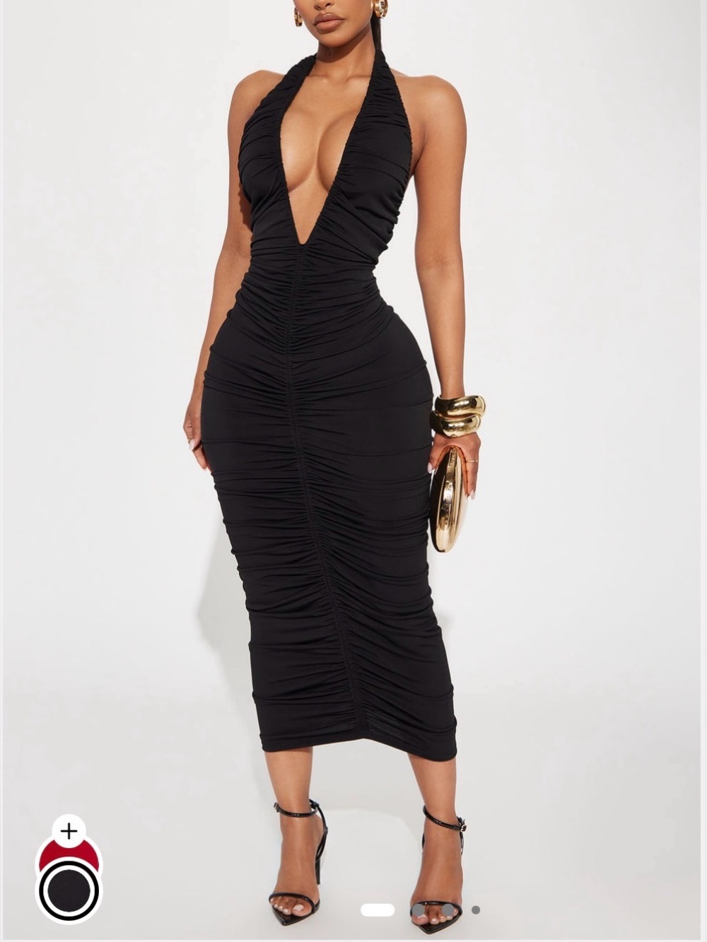 Fashion Nova Black Plunging Halter Ruched Midi Dress